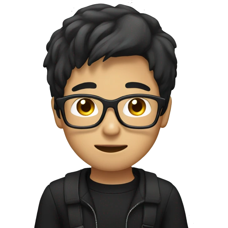 asian boy with glasses, long hair working, wearing black clothes , on his laptop  emoji