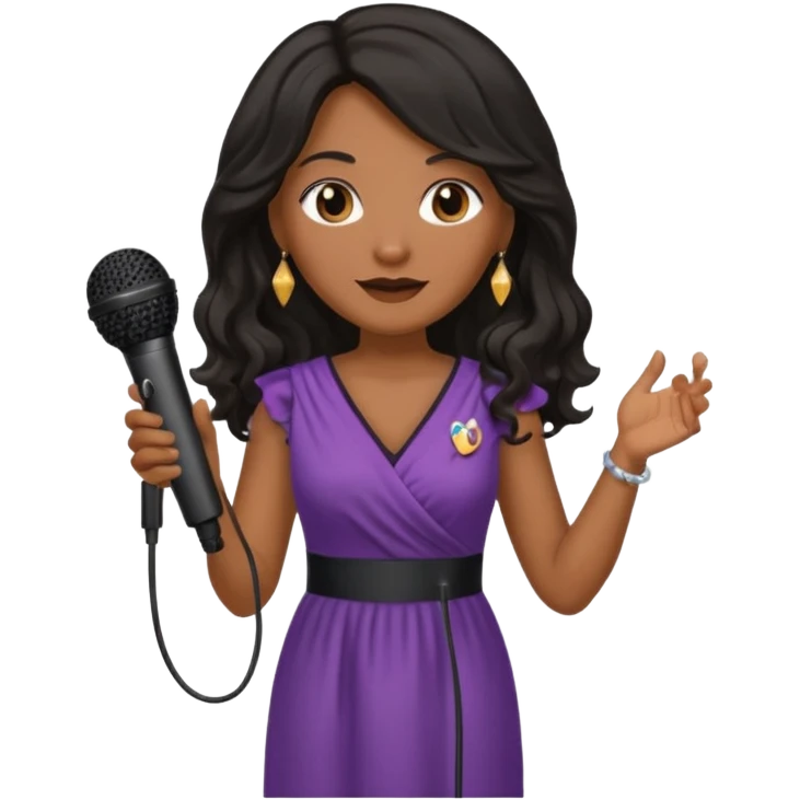 Middle age, long wavy black hair, brown skin, wearing dress, holding mic emoji
