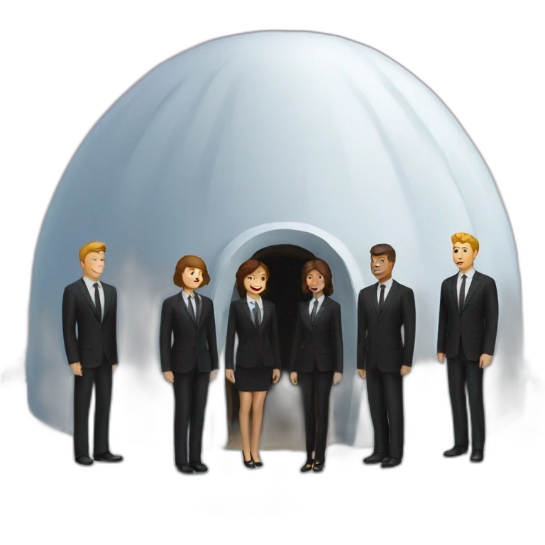 people standing outside of igloo in black suit emoji