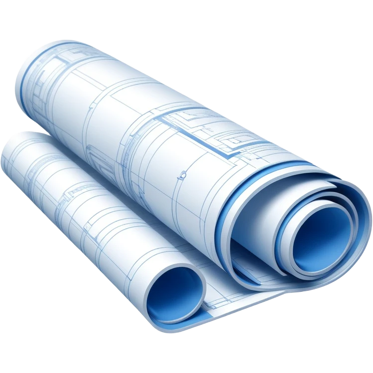 blue blueprint plan with white architectural lines, half rolled up, perspective view emoji