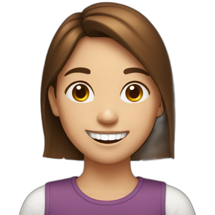 Brown haired girl smiling with missing teeth emoji