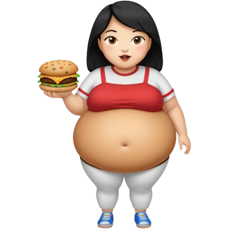 create a humongous asian girl with black hair, with 2 burgers and a cookie in her mouth, she is super obese, please make her a full body emoji, mega huge tummy   emoji