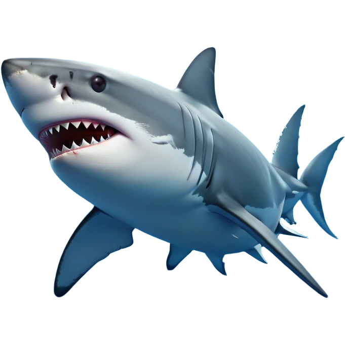 Cinematic Noble Great White Shark Portrait Emoji, Poised and regal, with a robust, torpedo-shaped body, a pointed snout, a gleaming white underbelly contrasting with a slate gray dorsal surface, and piercing, intense eyes scanning deep blue waters, Simplified yet sharp and sophisticated features, highly detailed, glowing with a cool, oceanic luminescence, high shine, intelligent and commanding, stylized with an air of marine authority, focused and vigilant, soft glowing outline, capturing the essence of a watchful and confident predator that appears ready to surge out of the screen with effortless power! emoji