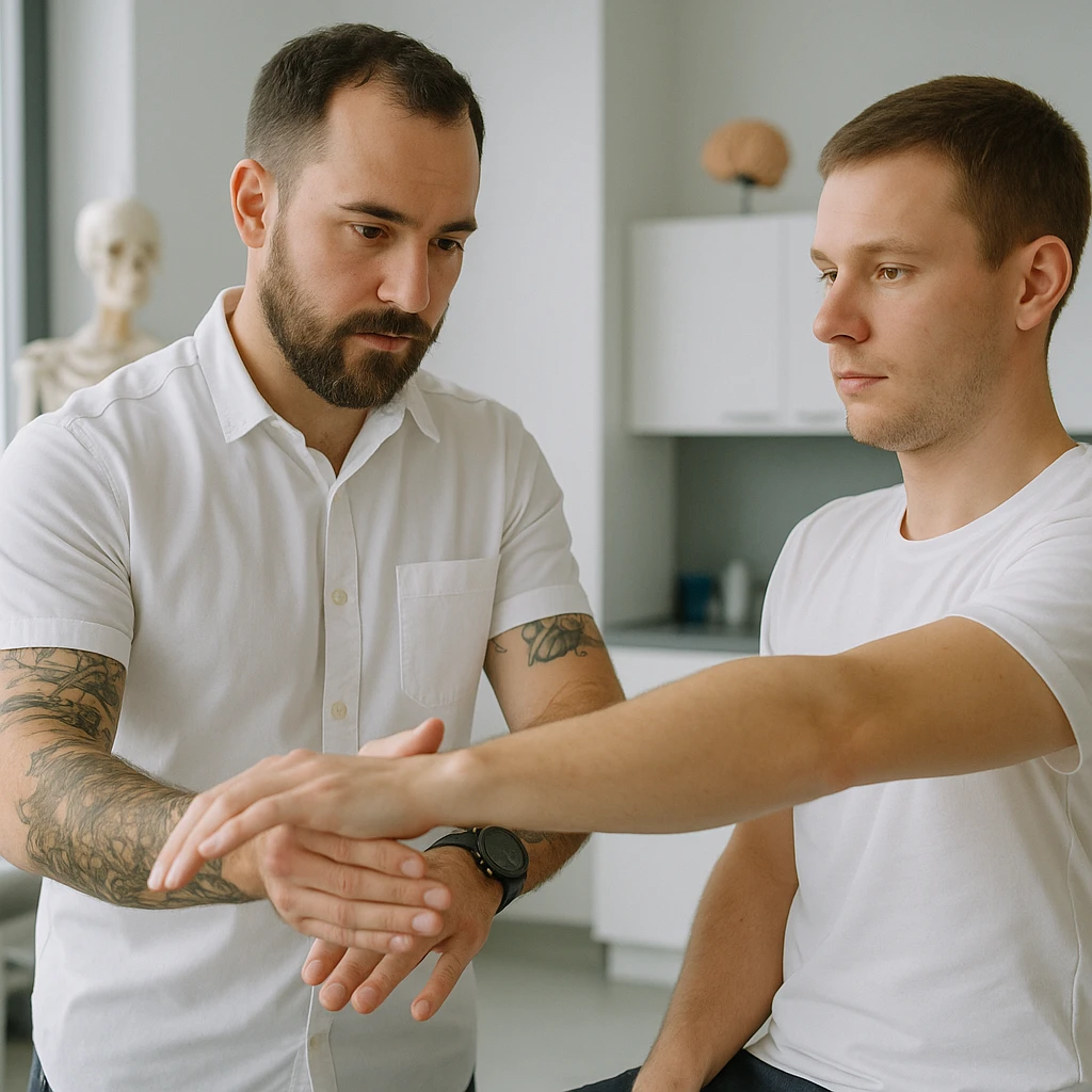 realistic kinesiologist wearing a white shirt with tattoos on arms and a dark wristwatch, guiding a patient wearing a white t-shirt during a muscle test in a modern medical environment, realistic details, inspired by reference photo https://attic.sh/r66tucayi7ewfjges2vhulor9bux emoji