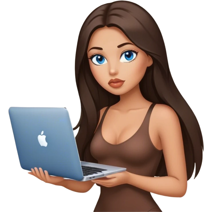 Glamours tanned very beautiful girl with big pump peach lips and dark chocolate straight smooth long hair, blue eyes in brown/beige bodysuit with MacBook emoji