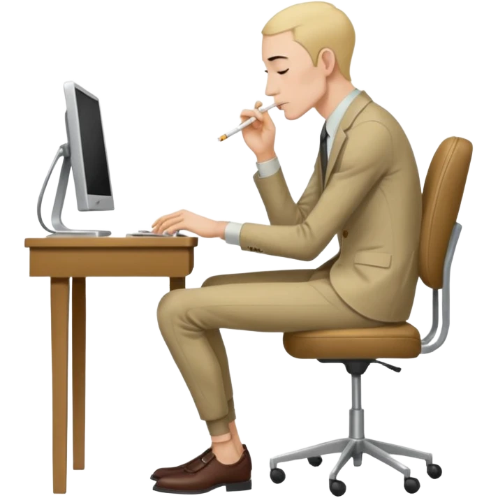 hunched very thin man sitting on chair at computer side view holding cigarette emoji