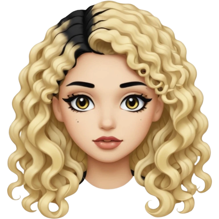 split dye leftside blonde rightside black hair, baddie, pretty makeup, black eyeliner, long and curly hair emoji