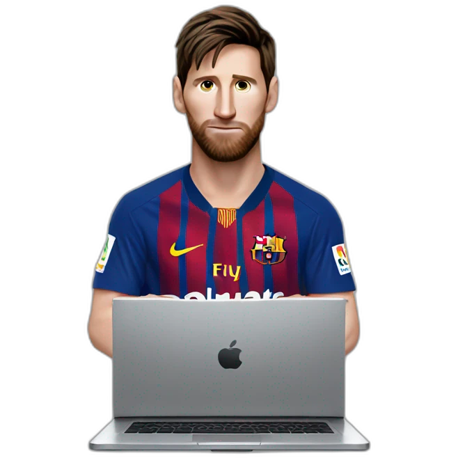 I want you to make a super realistic emoji of Messi while he is using a gray laptop, showing the laptop lid and Messi's face on top. emoji