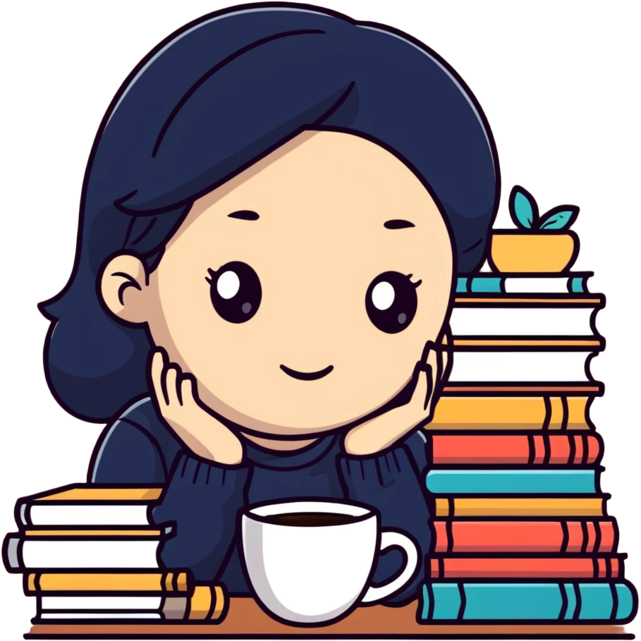 Tired girl cramming for exams with books and coffee emoji