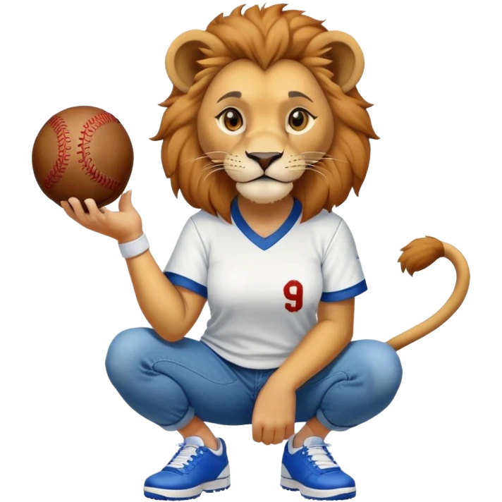 confident anthropomorphised female lion wearing a baseball shirt, jeans, and trainers, squatting and lifting an object emoji