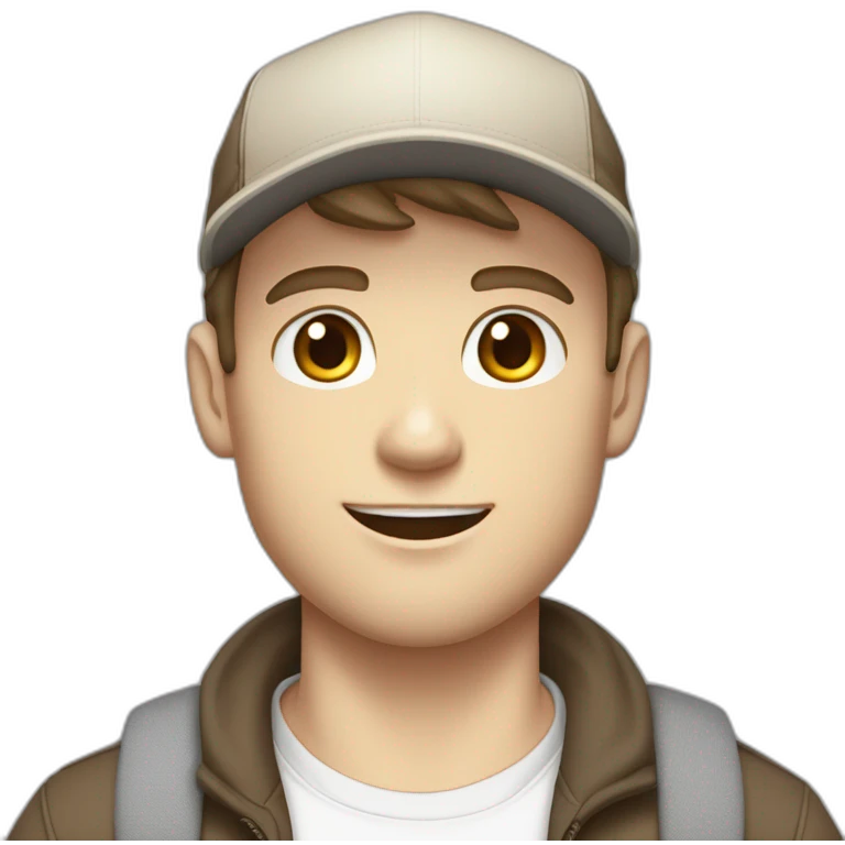 Pale skinned fit Man with dark brown hair in a beige cap, gray jeans, brown polo and white T-shirt keeping a pasted with tape white box into his hands emoji