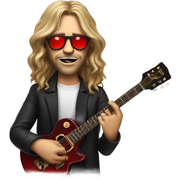 Man face with long hair and circle red lens glasses holding a guiter with a cigarette in his mouth emoji