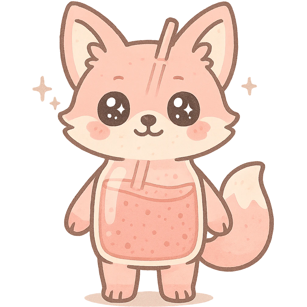 full-body cute blender fox with transparent body showing fruity smoothie inside, sparkling eyes, pastel pink color, transparent background emoji