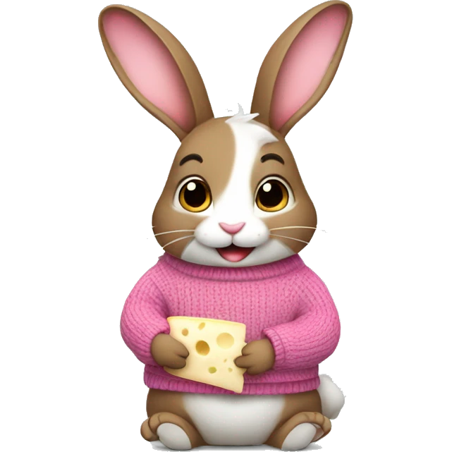 Cute rabbit: a brown rabbit wearing a pink sweater . Eating a gorgonzola cheese emoji