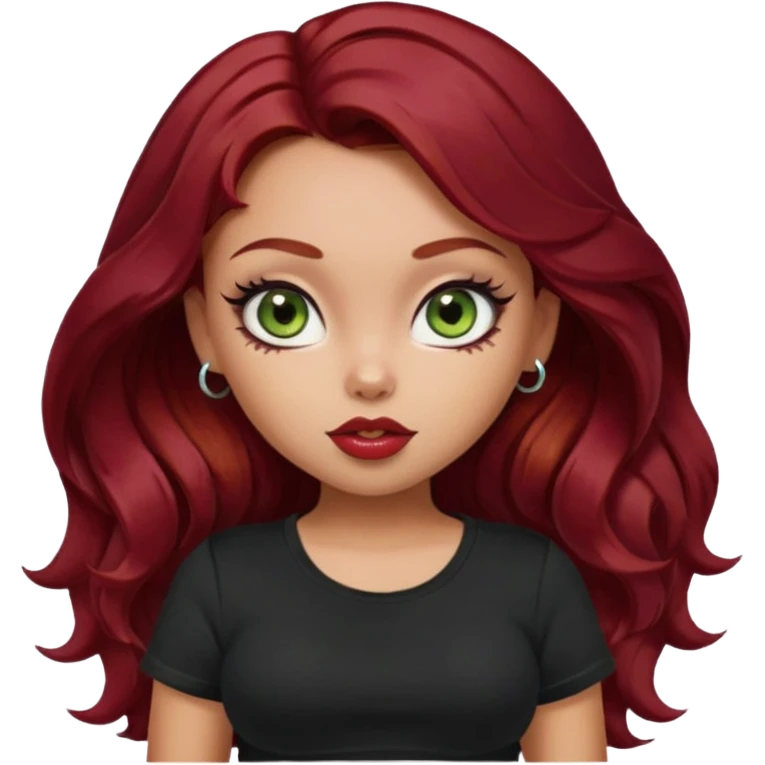 a pretty fair bratz girl with wavy dark red hair, wearing a black tee. eyeliner on, olive green eyes. Till stomach emoji
