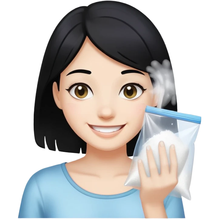 Black hair Girl smiling holding a clear plastic bag with white powder emoji