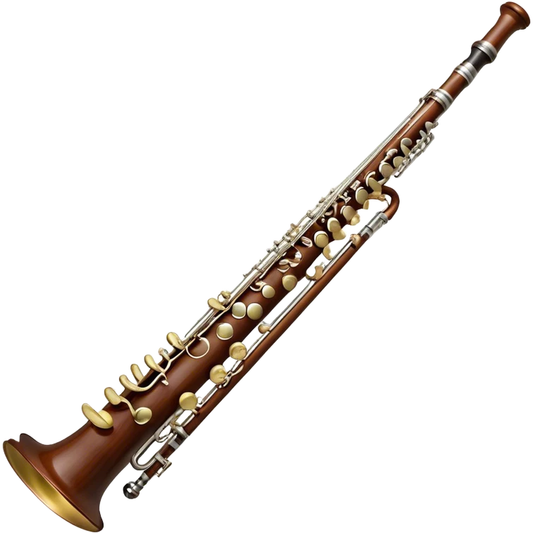 Create a detailed and elegant emoji representing a professional bassoon Oscar Adler. The design should showcase the long, slender wooden body of the bassoon with its distinct curves and metal fittings. Highlight the keywork and metal rings around the joints, with subtle light reflections on the wood to give it a polished appearance. The top of the bassoon should have the characteristic metal bell, and the reed should be clearly visible at the mouthpiece. Use warm wood tones like deep brown and mahogany for the body, with silver or brass accents for the metal parts. Add soft musical notes or soundwaves around the instrument to evoke its rich, deep sound. The background should be transparent. emoji