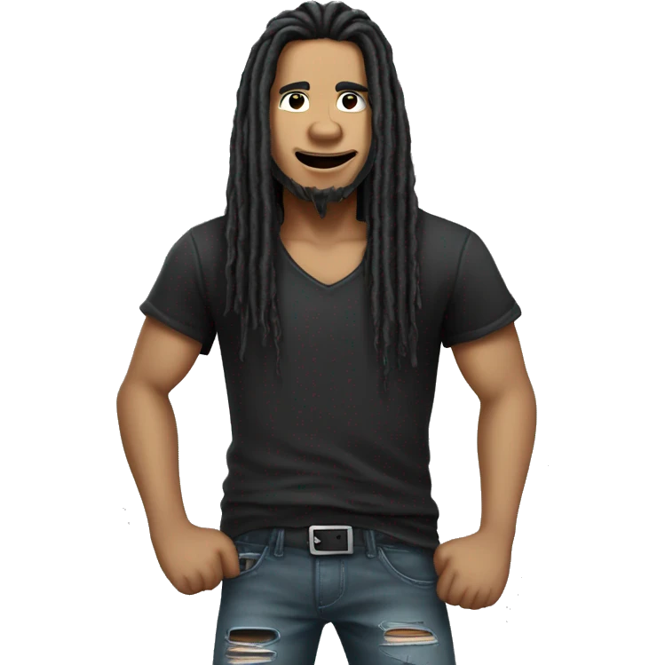 3D cartoon character, Indonesian man with long black dreadlocks, wearing a black rocker t-shirt and ripped jeans, wearing a watch emoji