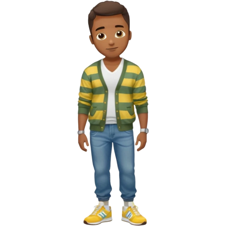 Handsome Black guy with brown skin tone, with lean muscular build, wearing baggy blue jeans, a white v-neck t-shirt, a yellow and green striped cardigan sweater, and grey new balance sneakers  emoji