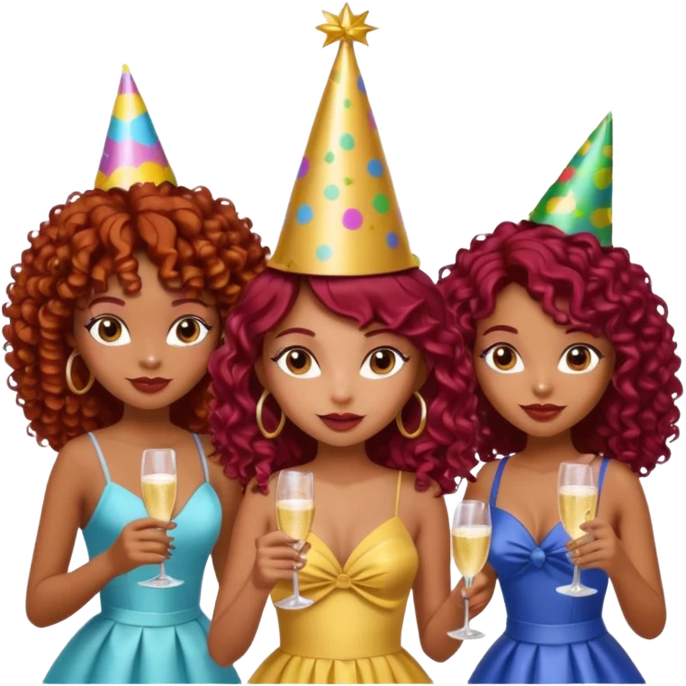generate a pretty bratz brown skinned girl curly dark red hair at a party with friends emoji