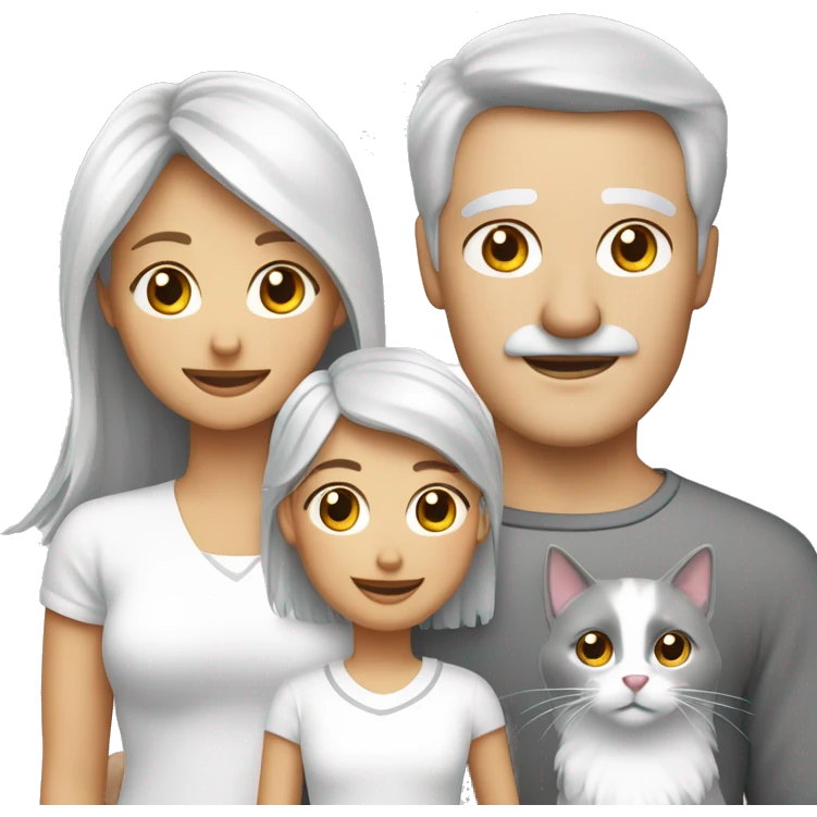 Family two brunette girls a blond mother and a grey haired father, all white. A spitz dog and a cat. emoji
