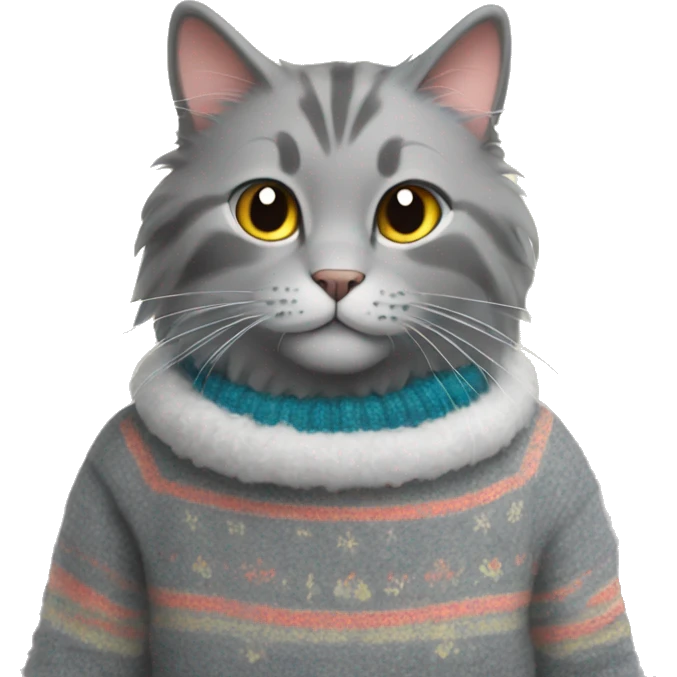 a gray fluffy cat in a New Year's sweater emoji