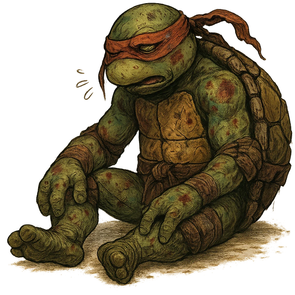 worn-out old ninja turtle, mask askew, chipped shell, bruises, slumped over, breathing heavily, aftermath of a fierce fight emoji