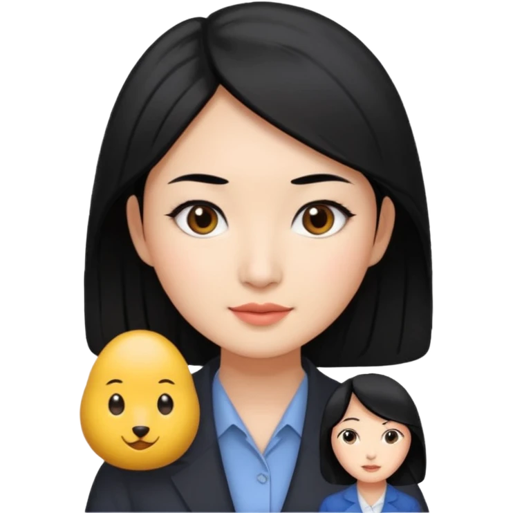 직업이 마케터인 왼쪽 밑에 작은 점이 있는 검정머리의 아시아 여자 emoji