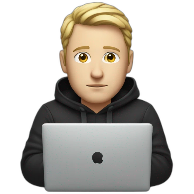 a serious-looking white man, wearing a black hoodie, behind a laptop screen emoji