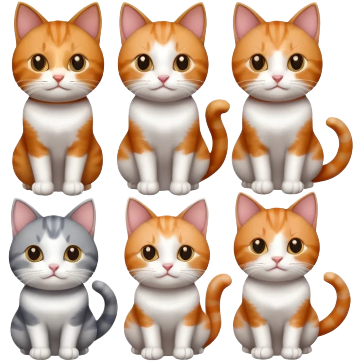 six cats of different colours: 1 small ginger and white, 1 small brown tabby and white, 1 small grey and white, 1 big grey and white, 1 mostly grey with white paws and small white patch on chest and 1 calico emoji