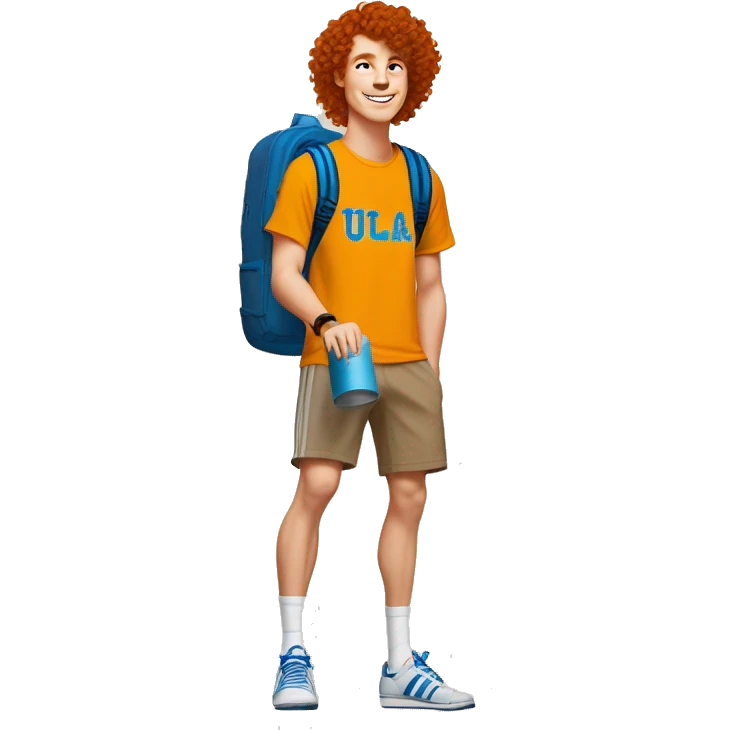 redhead with curly hair white college student guy wearing a UCLA shirt, brown shorts, and adidas samba shoes. He is holding an orange hydroflask   emoji