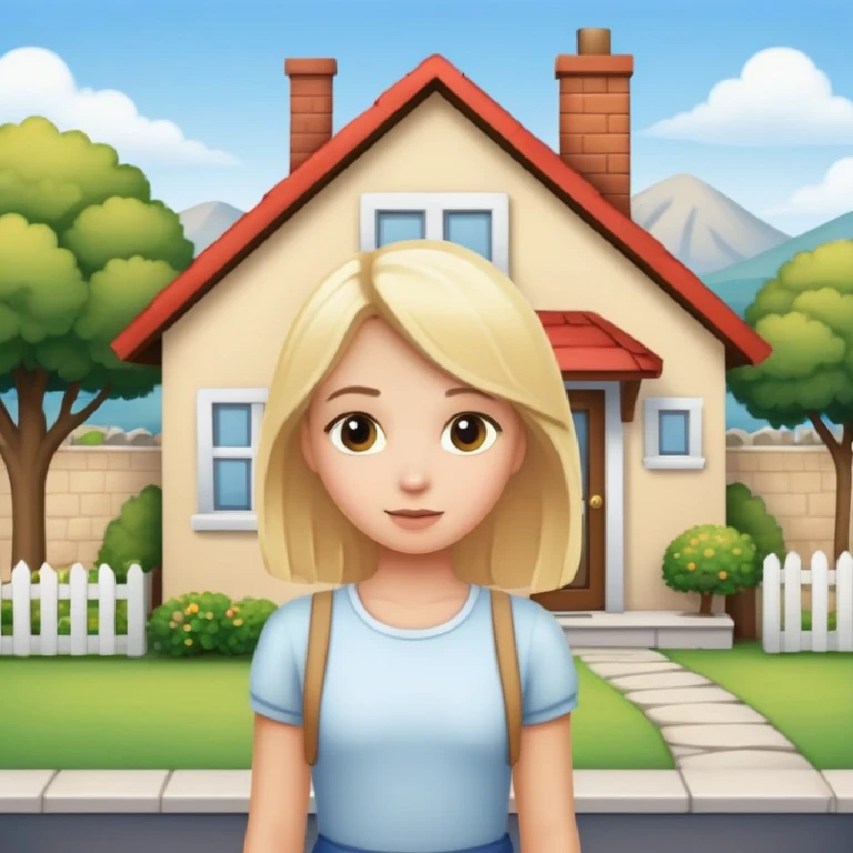 a blonde girl standing outside a small cute home emoji