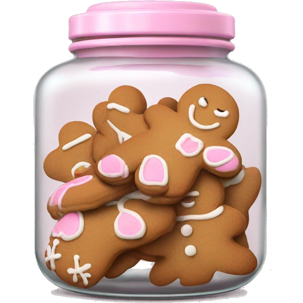Realistic glass cookie jar with light pink lid full of gingerbread cookies isolated.  emoji