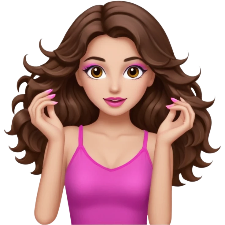 girl with long wavy brown hair, brown eyes, long lashes makeup, sexy pink lips, light to medium complexion, pink sexy top, dancing emoji
