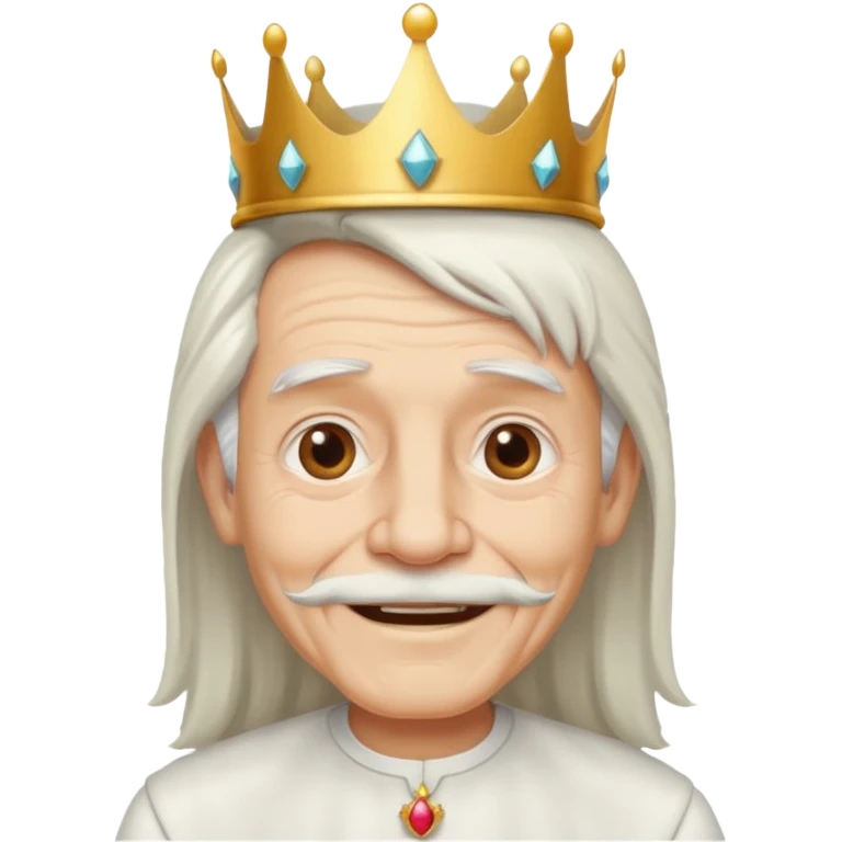 a smiling old man with long white hair and has no beard wearing a white smart shirt and a crown emoji