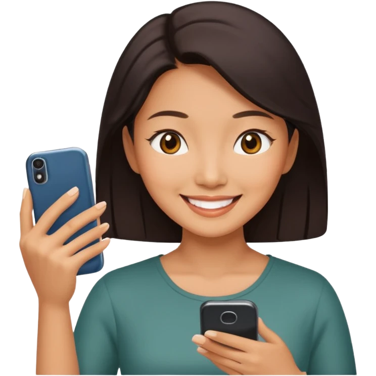 페르소나 요약 : 휴대폰을 보고 즐거워하는 여자, 40대의 아시아 여성이 휴대폰을 보면서 미소를 짓고 있어요. emoji