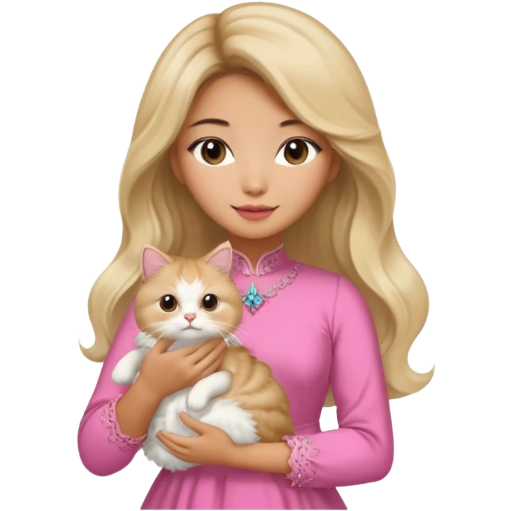 An Asian lady with long, voluminous, balayage hair, blonde highlights in a pink dress, holding a Persian cat  emoji
