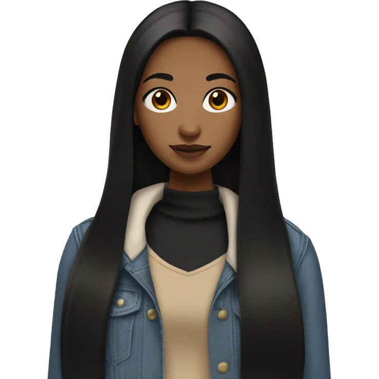 A teenage girl with long, straight black hair and black eyes, having a medium-brown skin tone. She wears modest clothing, avoiding revealing styles. Her facial features, particularly around the mouth, are well-defined, and she is wearing lipstick emoji