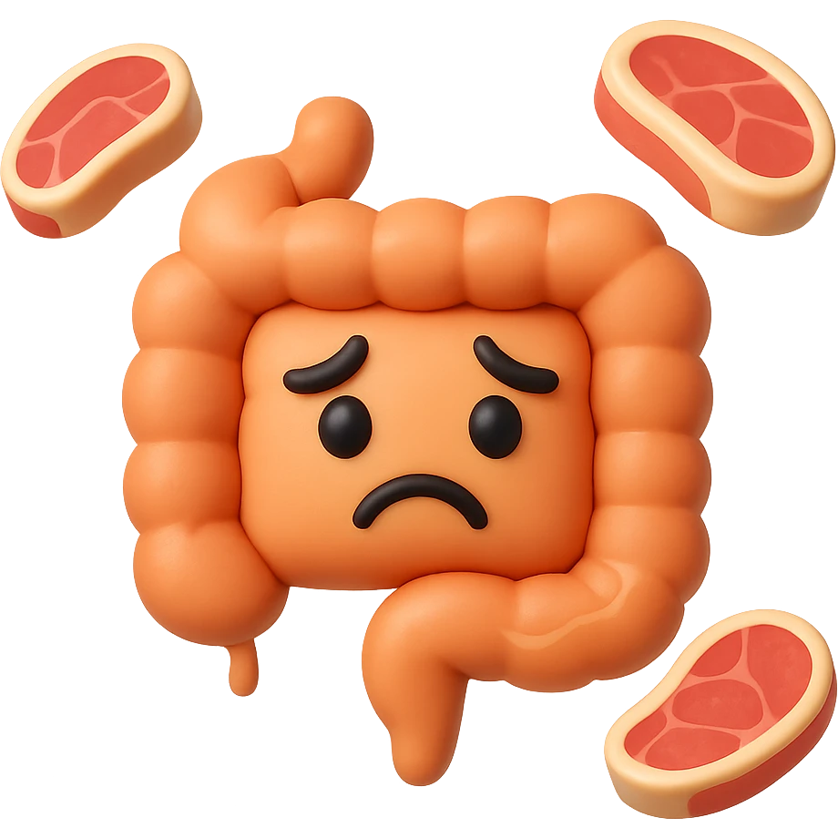 emoji stile iphone in 3d di un intestino triste con fette di carne che gli fluttuano intorno emoji