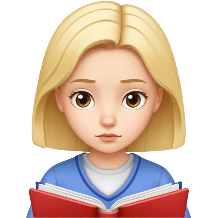 Young girl with focused expression reading a notebook emoji