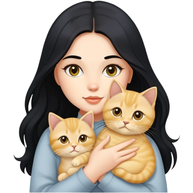 Beautiful girl with long black hair holding a cute golden British shorthair kitten in her arms emoji