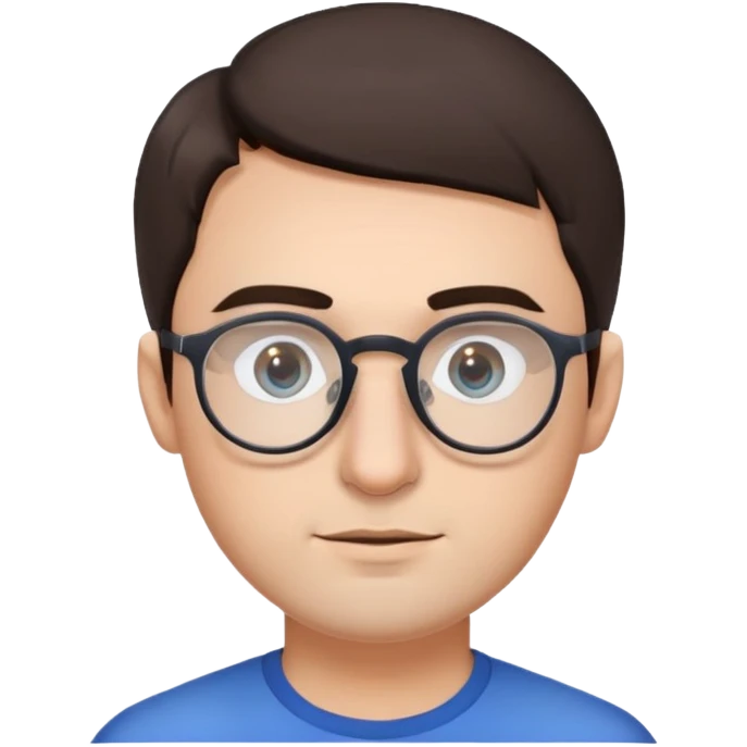 guy with dark brown hair, round face, glasses with thin gray frames, cropped haircut, regular stubble on his face, big nose, blue eyes, thick eyebrows emoji