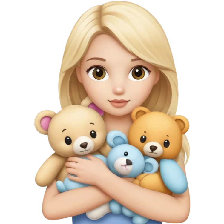 pretty blonde model holding a bunch of cute stuffed animals emoji