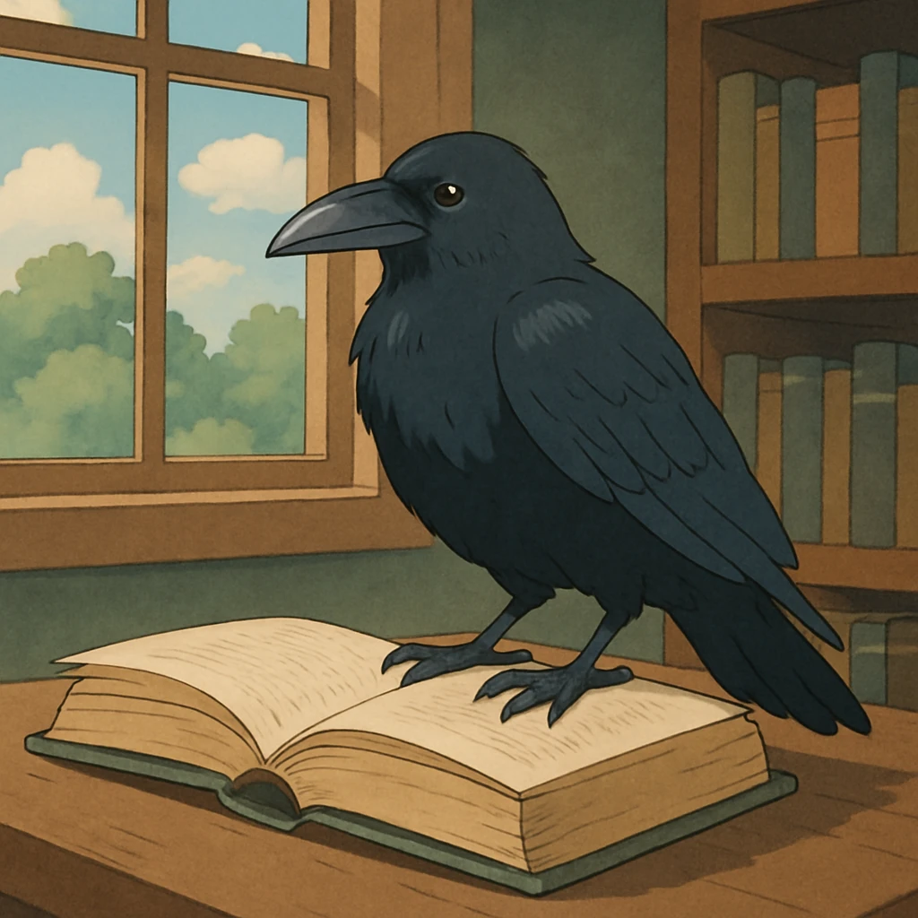 raven on a book in ghibli style emoji