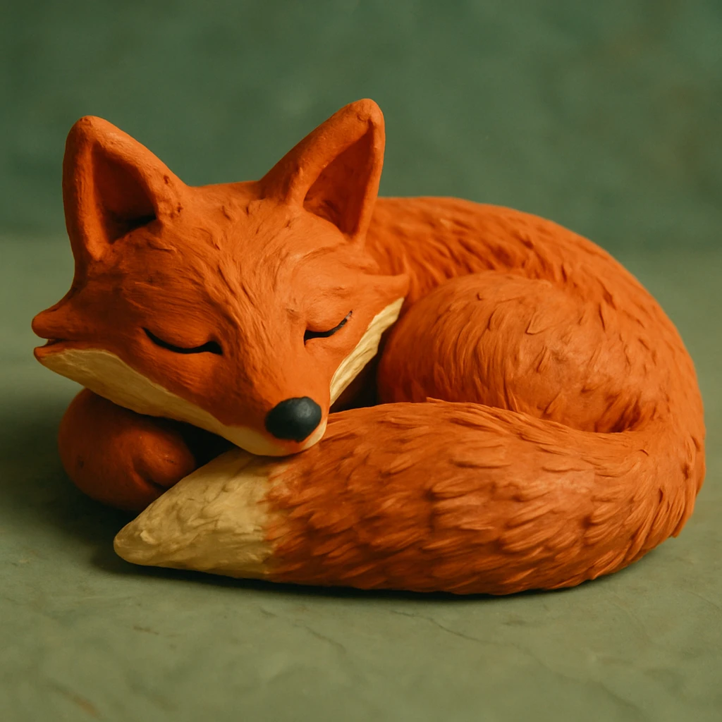 fox curled up sleeping, soft lighting, vibrant colors, detailed fur, claymation style emoji