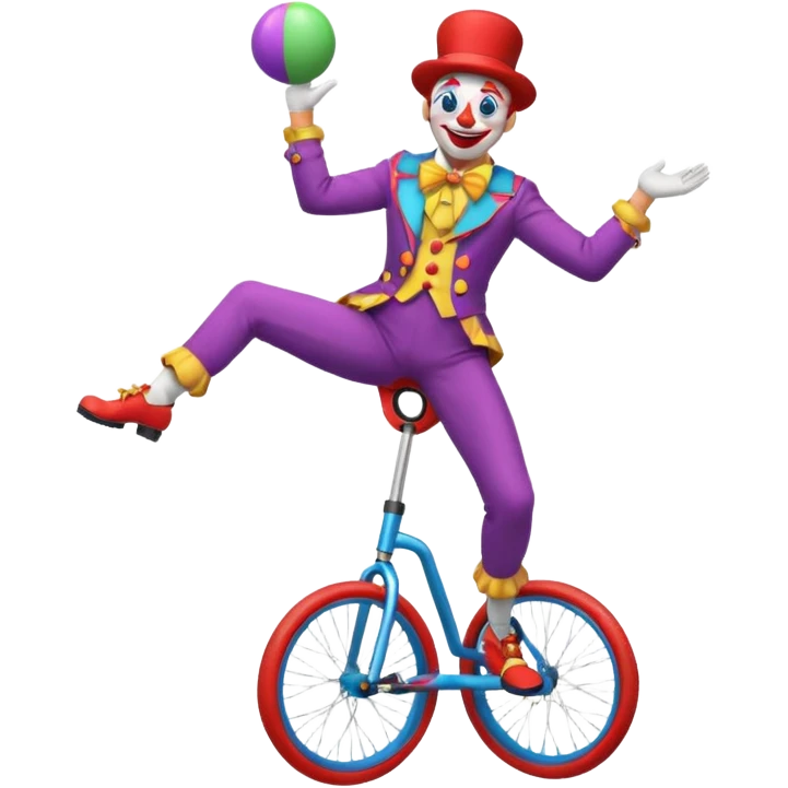 Acrobatic clown balancing on a unicycle while juggling emoji