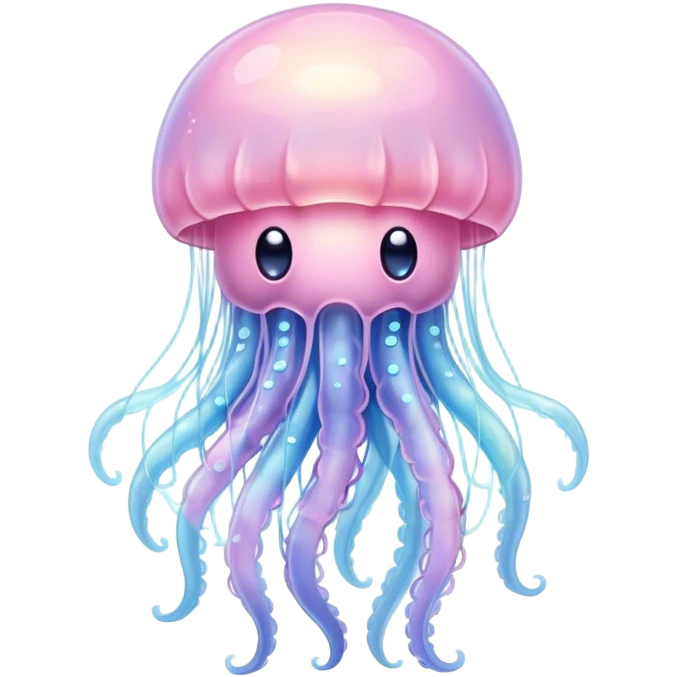 Cinematic floating kawaii jellyfish, tiny round body, soft glowing tentacles, pastel pink and blue hues, delicate sparkling highlights, dreamy and adorable. emoji