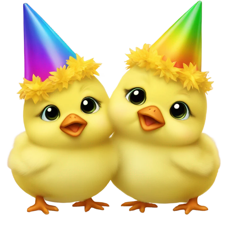 4 baby yellow chickens, wearing party hats emoji