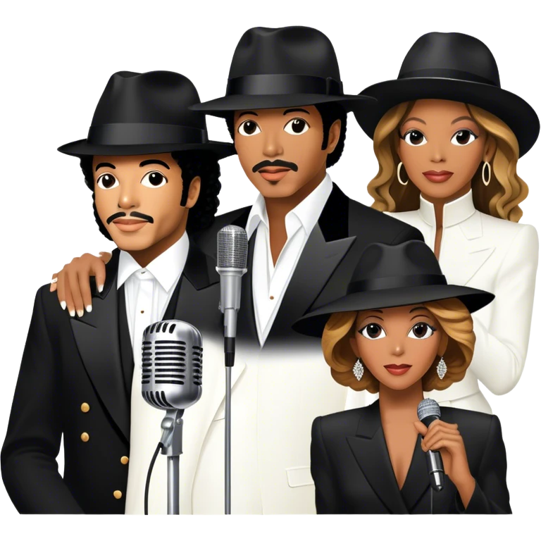 Icon for R&B Music: collage of iconic R&B artists—Michael Jackson, Beyoncé, Lionel Richie, Whitney Houston, and Barry White. Each artist represented by a silhouette or symbolic item (like a glove, microphone, or fedora). Transparent background. emoji