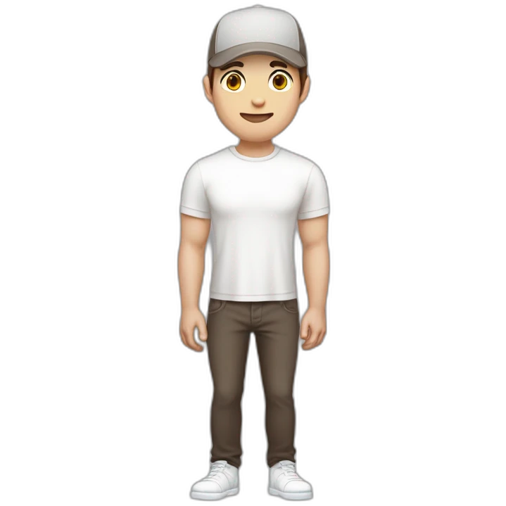 Pale skinned fit Man with dark brown hair in a light gray cap, dark brown jeans, brown polo and white T-shirt keeping a pasted with tape white box into his hands emoji